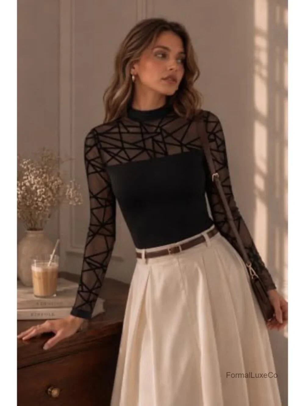 Women's Long Sleeve Lace Mesh Sheer Blouse, Stretchy Lightweight Fall Top